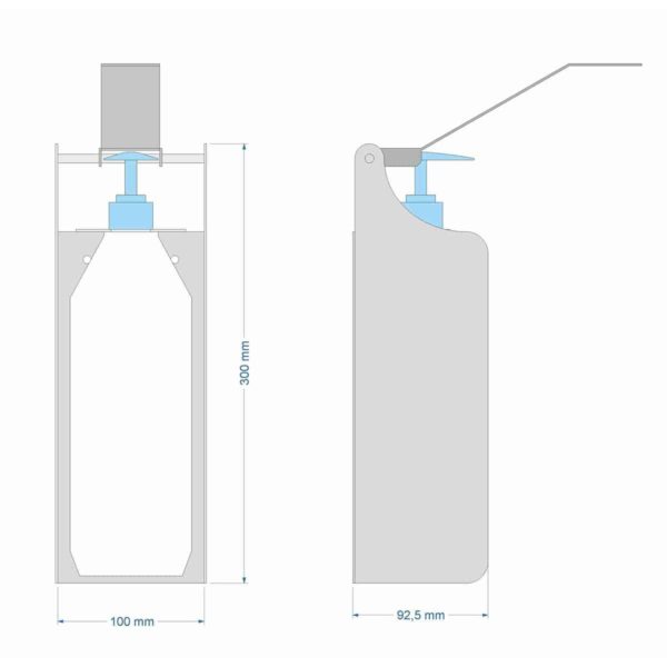 wymiary dozownika 1 L: wys - 300 mm, szer - 100 mm, głębokość - 92,5 mm