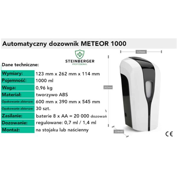 tabela parametrów dozownika płynu do dezynfekcji rąk meteor 1000